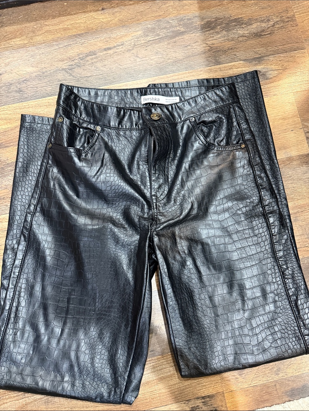 Bershka Women's Black Faux Croc Straight-Leg Pants